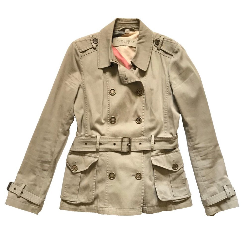 Burberry Brit Trench Coat Jacket Womens 10 Khaki Green Double Breasted Belted 44